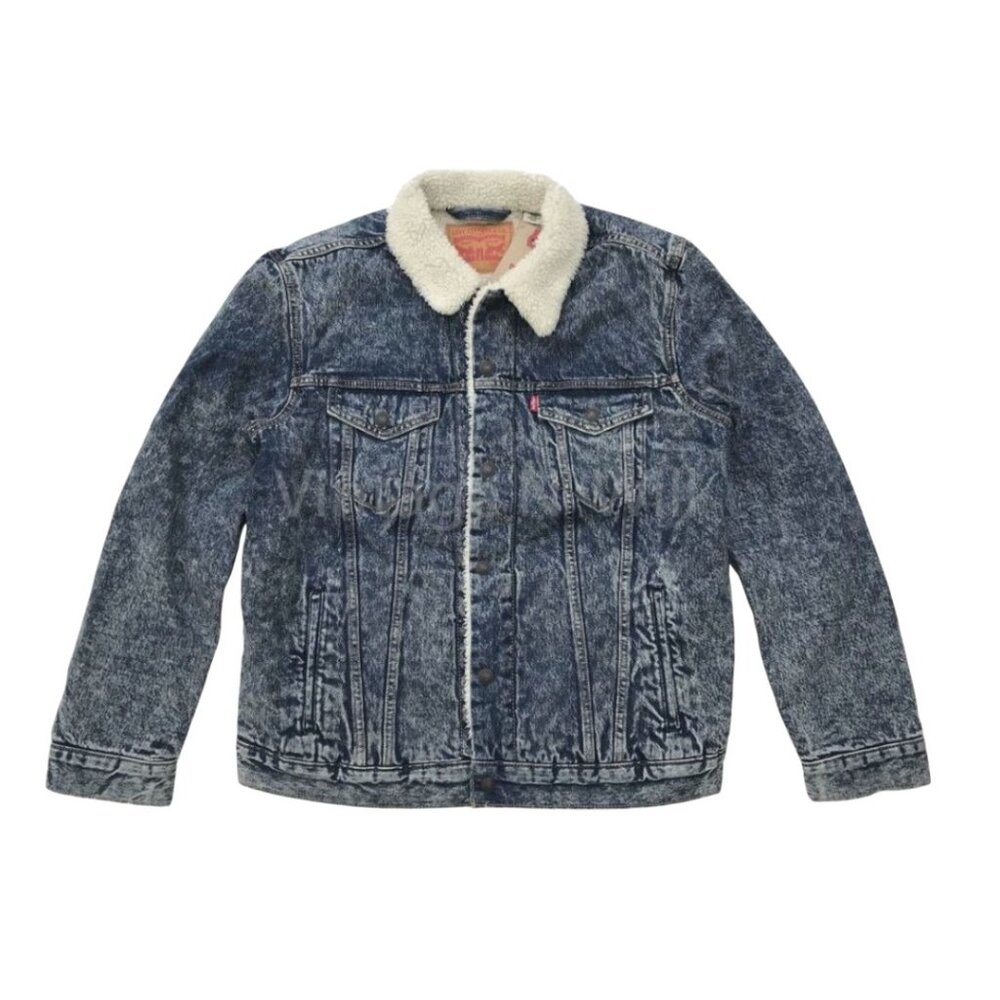 Levis Red Tab Mens Blue Acid Wash Type III Denim Jean Sherpa Trucker Jacket